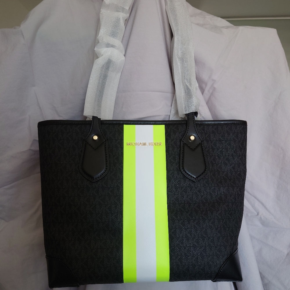 COPY - MK Eva Black and Neon Yellow Small Tote